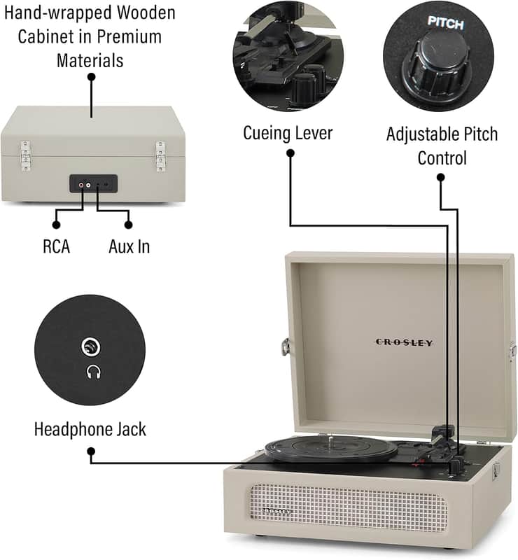 Crosley CR8017B-DU Voyager Vintage Portable Vinyl Record Player Turntable with Bluetooth in/Out and Built-in Speakers - Dune - Image 9