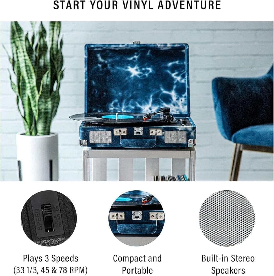 Crosley CR8005F-IN Cruiser Plus Vintage 3-Speed Bluetooth in/Out Suitcase Vinyl Record Player Turntable - Indigo - Image 5